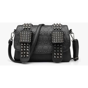 NWOT~Black Gothic Skull Design Crossbody Skull Silver Rivet Purse Handbag